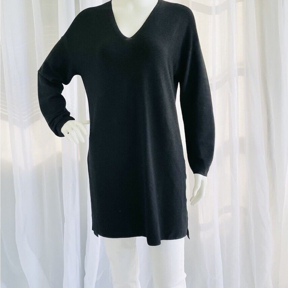 Lafayette 148 Black Ribbed Stretch Tunic Sweater Small